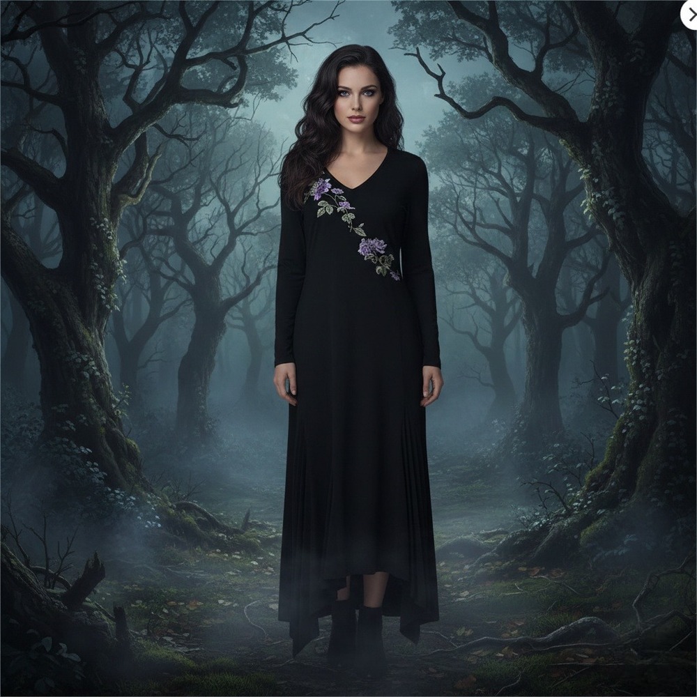 Vintage Together Whimsigoth Midi Dress Womens 12 Black Floral‎ Embroidered Goth